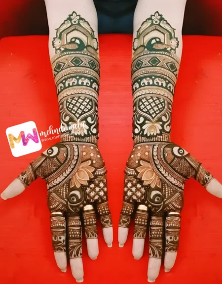 madhubani-peacock-elephant-lotus-mehndi design