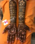 madhubani-lotus-flowers-jhumki-checks-leaves-birthday-mehndi design