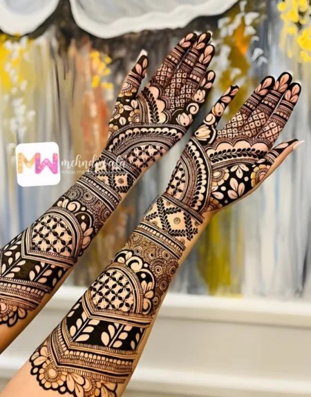 3d-flowers-leaves-checks-engagement-mehndi design