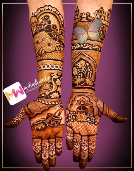 madhubani-peacock-flowers-dhol-shehnai-kalash-bridal-mehndi design