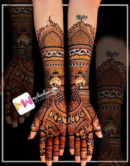 madhubani-peacock-flowers-leaves-checks-bridal-mehndi design