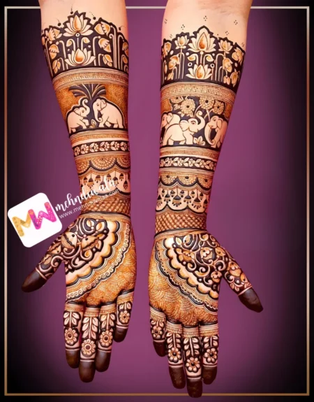 madhubani-flowers-elephant-jhumki-leaves-engagement-mehndi design
