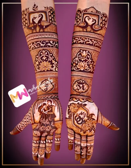 madhubani-figure-couple-peacock-flowers-ring-engagement-mehndi design