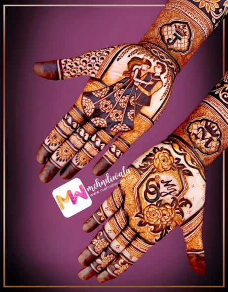 madhubani-figure-couple-ring-flowers-engagement-mehndi design