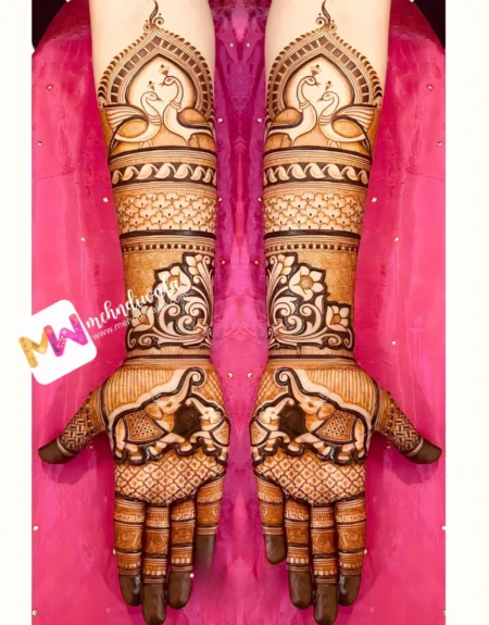 madhubani-peacock-elephant-flowers-checks-figure-mehndi design