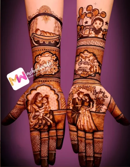 madhubani-figures-krishna-maa-couple-baby-bloon-new-mehndi design