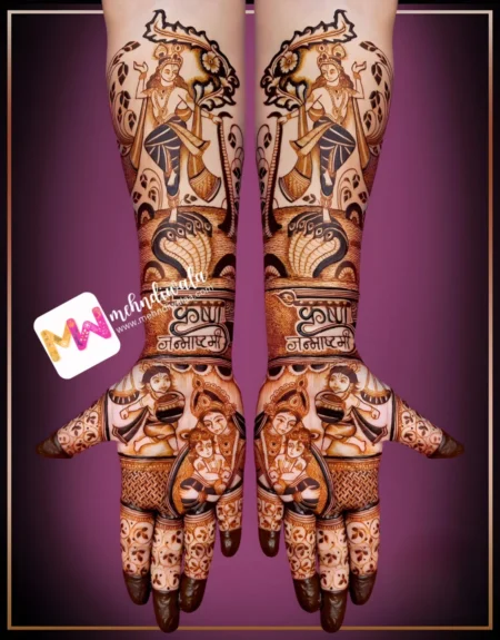 madhubani-figures-dancing-krishna-on-kaliya-naag-bal-krishna-with-maiya-mehndi design