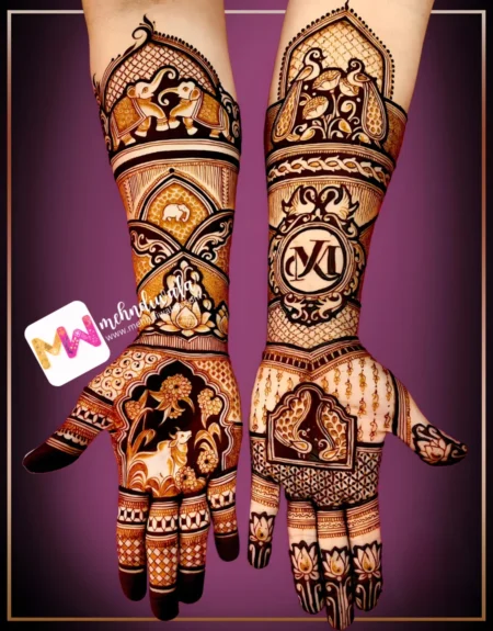 madhubani-elephant-peacock-nandi-flowers-engagement-mehndi design