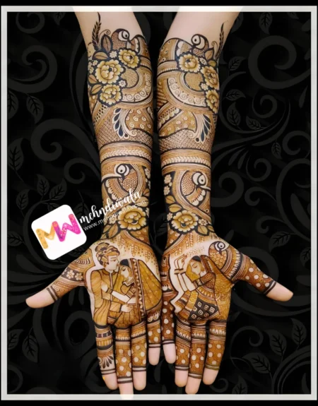 madhubani-figure-bridegroom-flowers-leaves-bridal-mehndi design