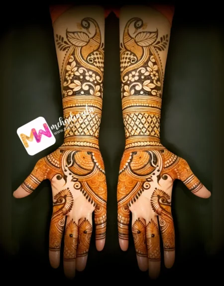 madhubani-peacock-checks-leaves-figure-mehndi design