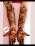 figures-bridegroom-elephant-kalash-dhol-hawankund-bridal-mehndi design