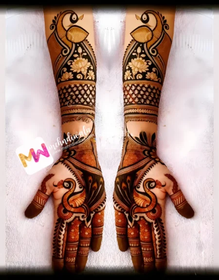madhubani-peacock-flowers-leaves-figure-mehndi design