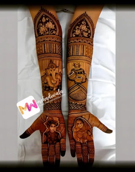 madhubani-figure-bridegroom-ganesha-dhol-shehnai-flowers-bridal-mehndi design