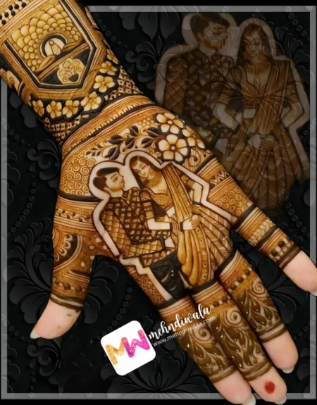 madhubani-figure-couple-flowers-leaves-anniversary-mehndi design