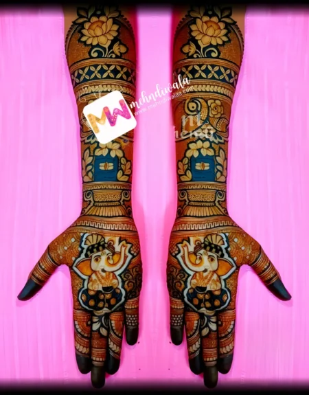 madhubani-figure-ganesha-flowers-leaves-figure-mehndi design