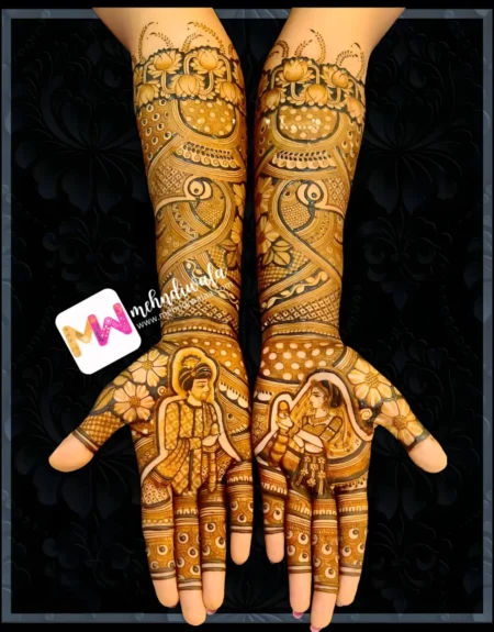 madhubani-figure-bridegroom-peacock-flowers-leaves-figure-mehndi design
