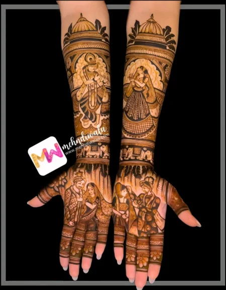 figures-bridegroom-radhakrishna-mahal-leaves-bridal-mehndi design