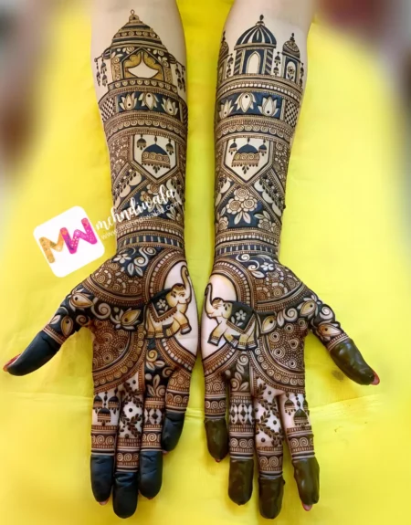 hd-chhatri-of-mahal-dolly-jhumki-lotus-flowers-elephant-figure-bridal-mehndi design