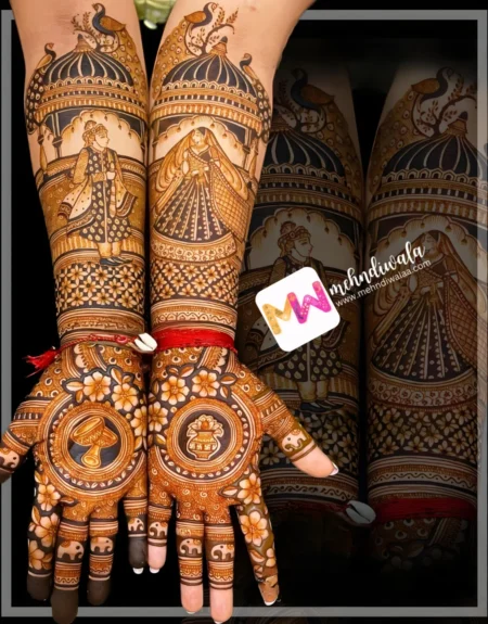 madhubani-figure-bridegroom-peacock-chhatri-flowers-kalash-dholshehnai-bridal-mehndi design