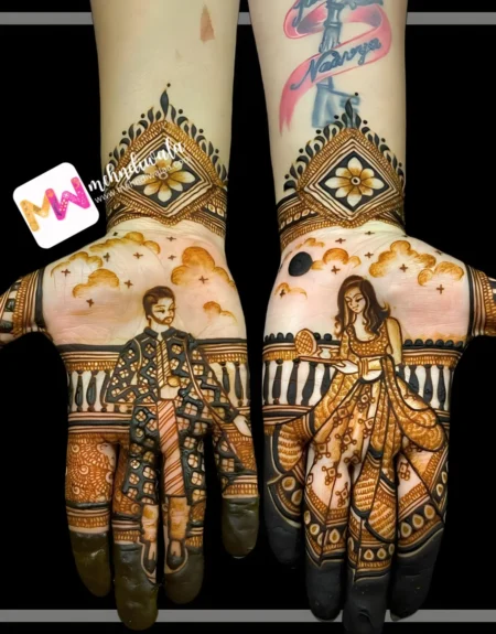 figure-husband-wife-flowers-festival-mehndi design
