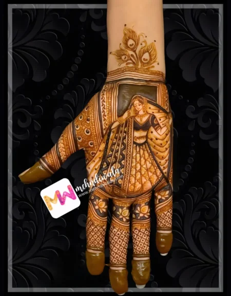 figure-woman-lotus-peacock-feather-both-hands-festival-mehndi design