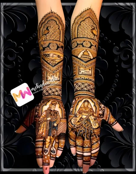 madhubani-figure-bridegroom-peacock-flowers-hawankund-marriage-alliance-bridal-mehndi design