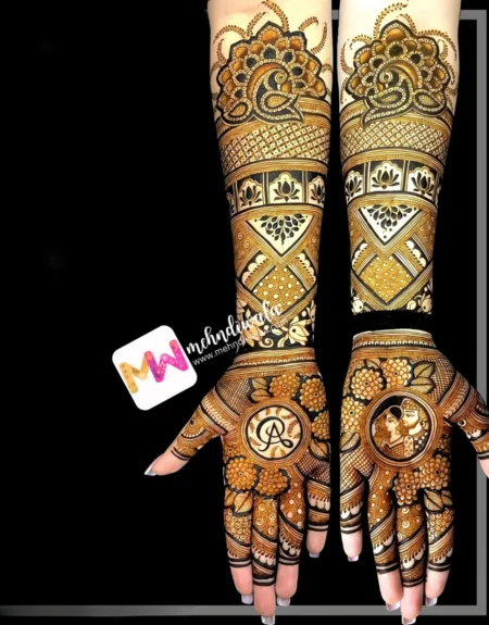 madhubani-peacock-lotus-flowers-leaves-bridal-mehndi design