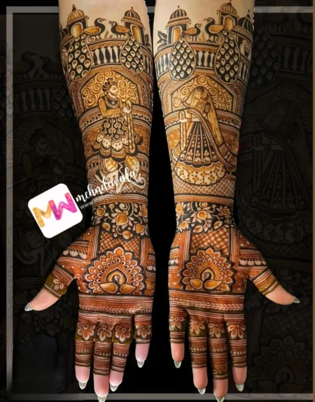 madhubani-figure-bridegroom-peacock-mahal-of-chhatri-flowers-bridal-mehndi design