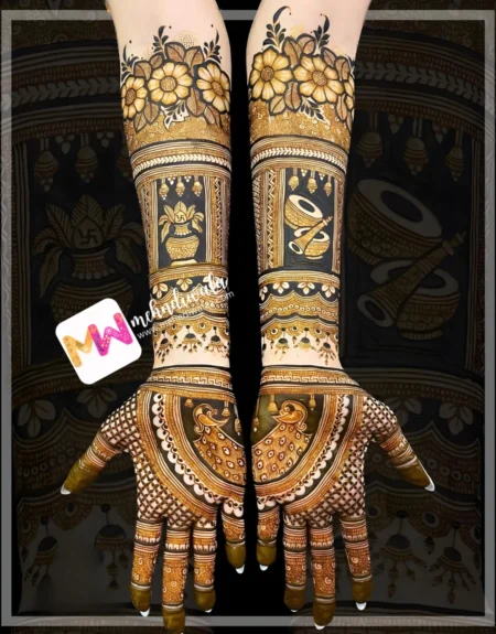 madhubani-flowers-leaves-dhol-shehnai-kalash-peacock-figure-checks-mehndi design