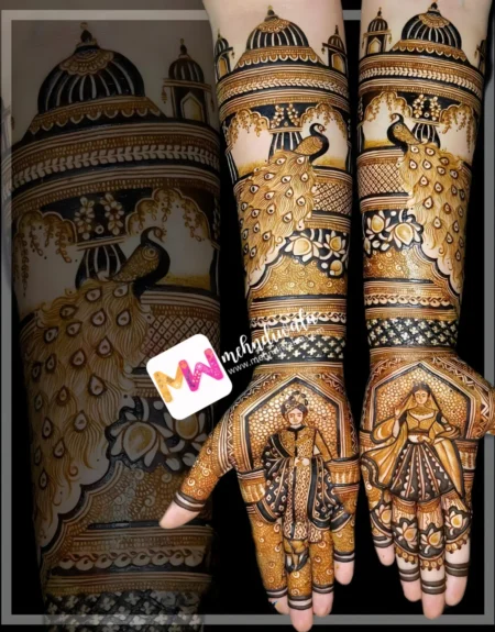 madhubani-figure-bridegroom-mahal-chhatri-peacock-figure-flowers-checks-leaves-bridal-mehndi design