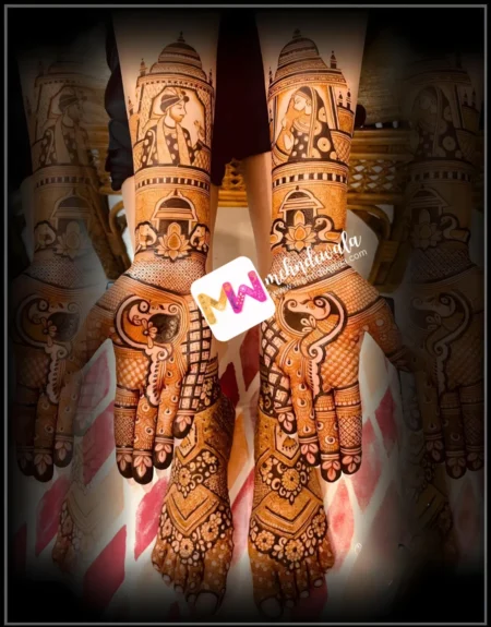 madhubani-figure-bridegroom-chhatri-peacock-flowers-hans-elephant-figure-checks-latest-mehndi design