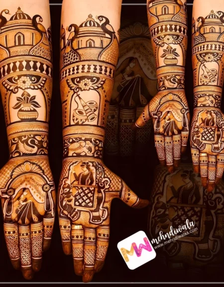 madhubani-figure-bridegroom-mahal-peacock-kalash-dhol-shehnai-elephant-figure-flowers-bridal-mehndi design