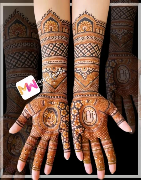 madhubani-figure-bridegroom-peacock-checks-flowers-leaves-latest-mehndi design