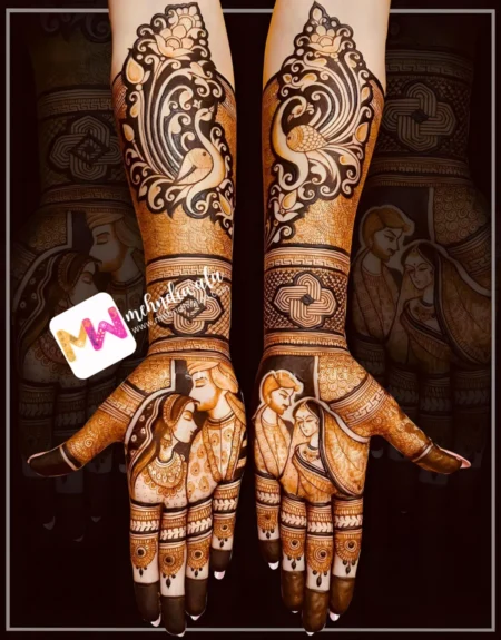 madhubani-figure-bridegroom-peacock-figure-flowers-leaves-bridal-mehndi design