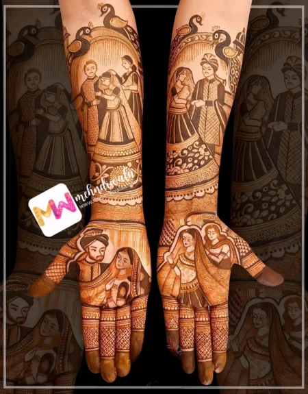 madhubani-figure-bridegroom-peacock-flowers-bridal-mehndi design