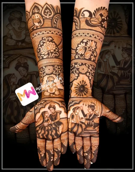 madhubani-figure-bridegroom-peacock-elephant-ganesh-ji-flowers-bridal-mehndi design