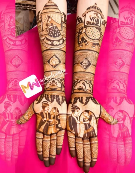 madhubani-figure-bridegroom-dolly-elephant-kalash-dholshehnai-bridal-mehndi design