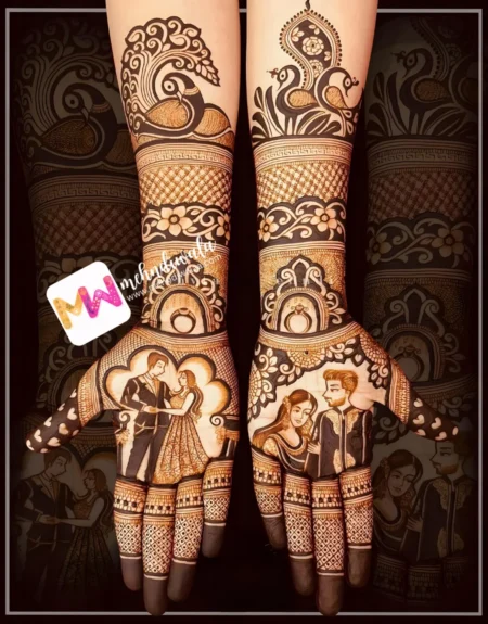 madhubani-figure-bridegroom-rings-peacock-figure-flowers-engagement-mehndi design