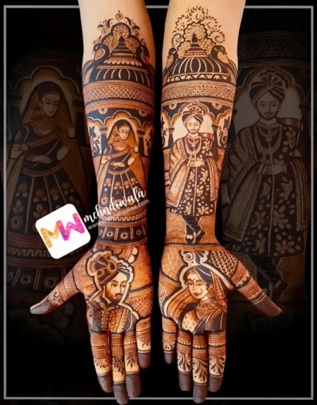 madhubani-figure-bridegroom-mahal-of-chhatri-peacock-flowers-bridal-mehndi design