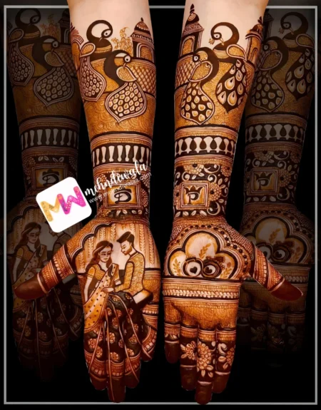 madhubani-figure-couple-rings-peacock-chhatri-flowers-leaves-latest-mehndi design