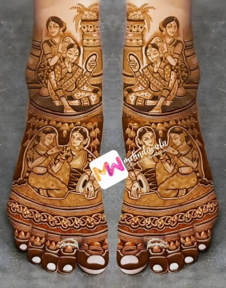 figures-woman-dholak-leaves-bell-bridal-mehndi design