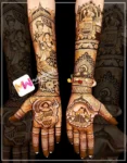 madhubani-figure-bridegroom-dolly-elephant-peacock-dhol-shehnai-kalash-flowers-bridal-mehndi design