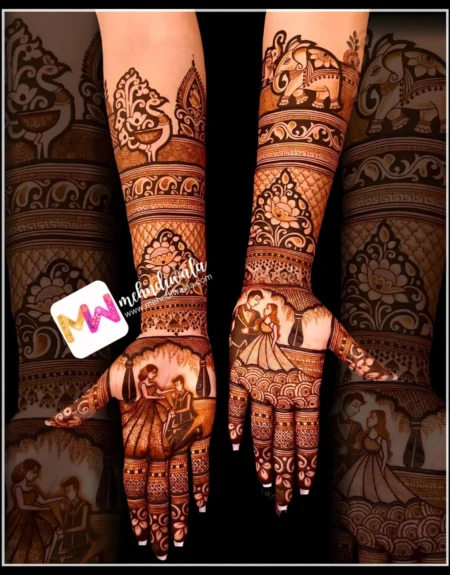 madhubani-figure-couple-elephant-peacock-flowers-jhumki-engagement-mehndi design