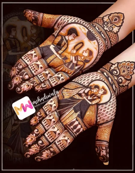 madhubani-figure-husband-wife-jhumki-flowers-festival-mehndi design