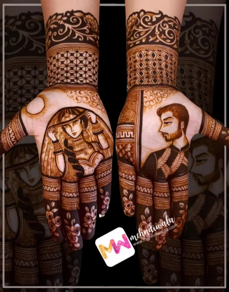 madhubani-figure-husband-wife-flowers-leaves-checks-latest-mehndi design