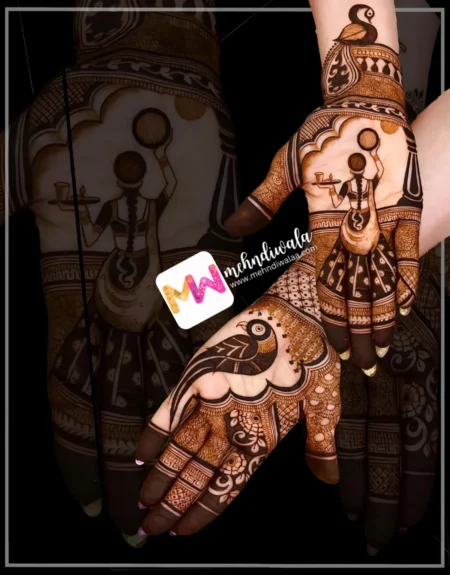 madhubani-figure-woman-puja-thali-peacock-flowers-puja-function-mehndi design