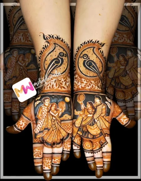 madhubani-figure-husband-wife-puja-thali-bird-leaves-figure-festival-mehndi design