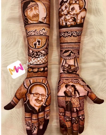 potrait-figure-couple-sai-baba-baby-elephant-baby-with-jhula-leaves-baby-foots-new-mehndi design