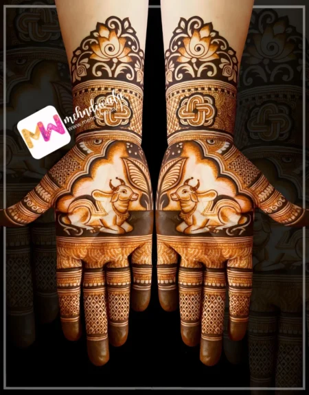 madhubani-cow-flowers-leaves-mehndi design