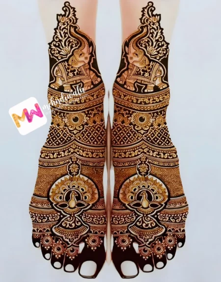 madhubani-elephant-peacock-jhumki-flowers-figure-foot-mehndi design